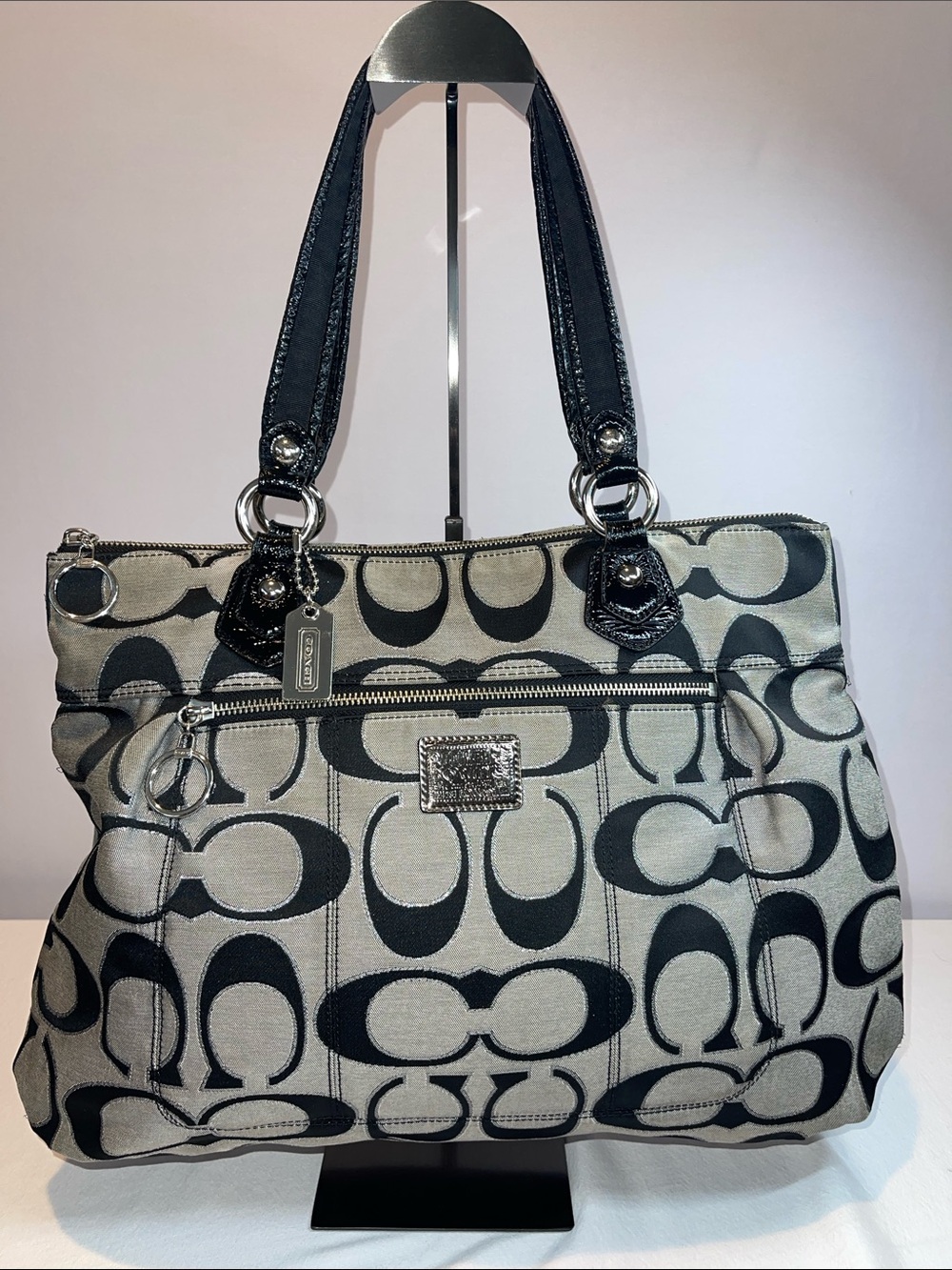 Coach B1193-17890 Poppy Glam Signature Tote Bag – Black & Silver Jacquard